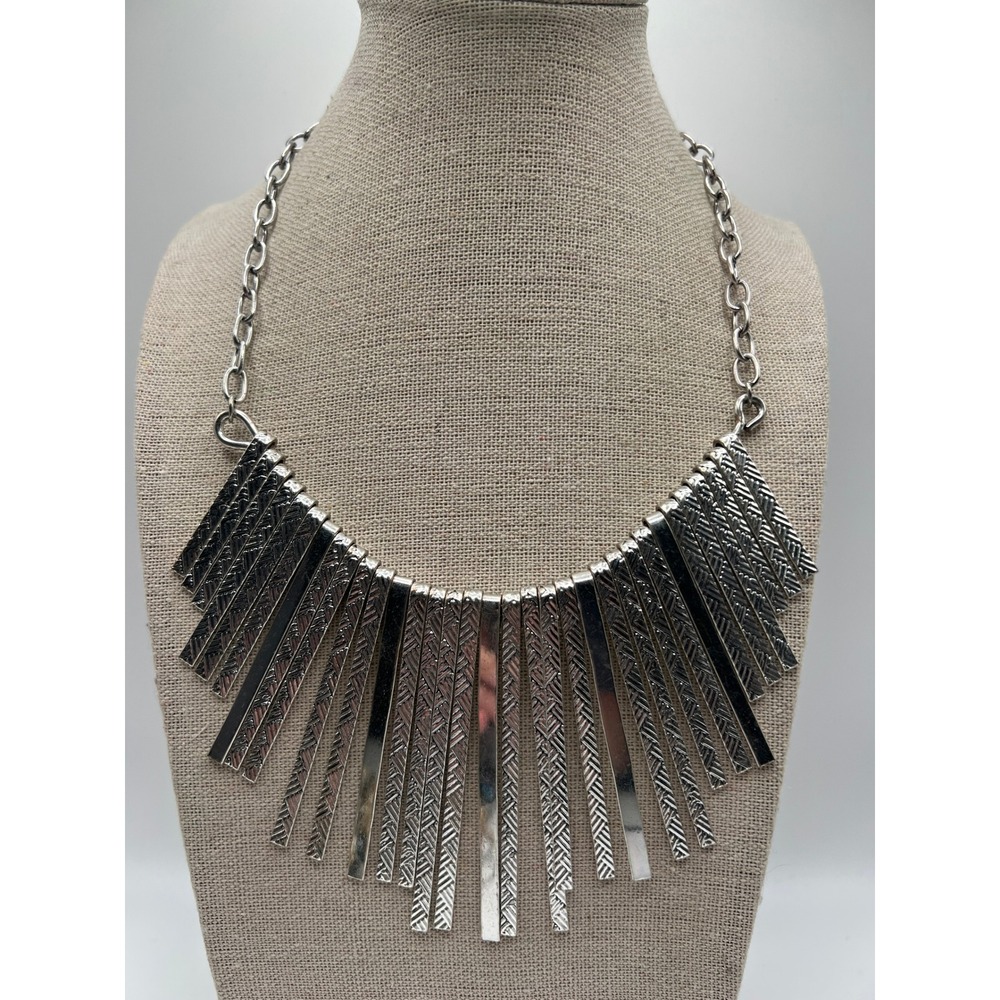Silver Fringe Bib Statement Necklace Boho Western Tribal Geometric Industrial